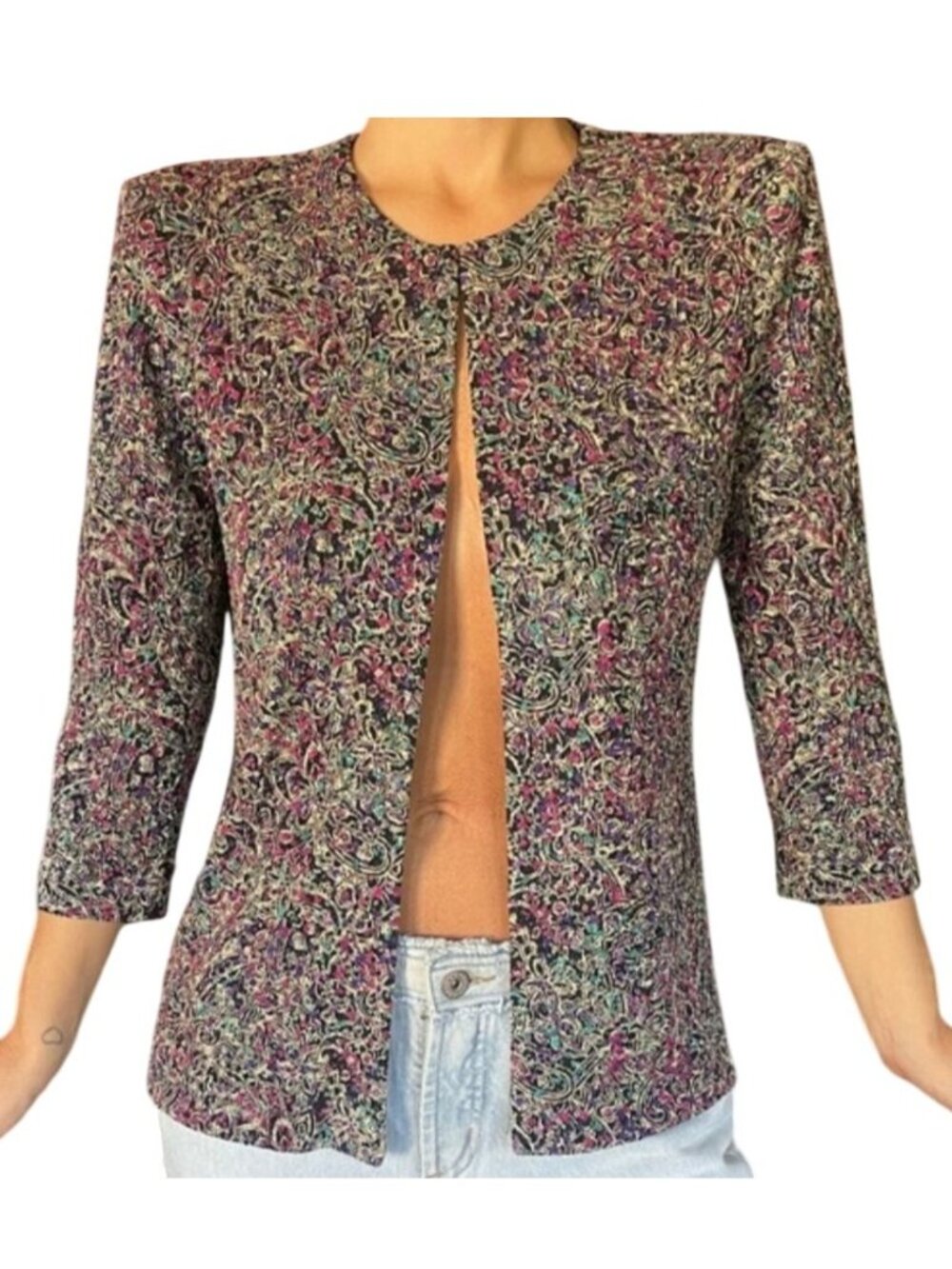 Alex Evenings 3/4 Sleeve Open Front Glitter Jacquard Jacket Womens Size S Petite